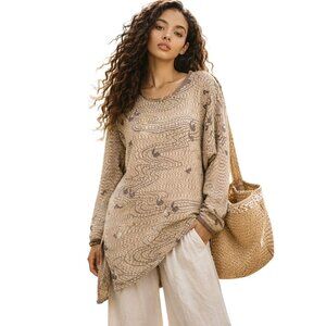 VTG 555 Lagenlook Tunic Sweater Boho Minimalist Asymmetrical Hem Womens 10 Beige